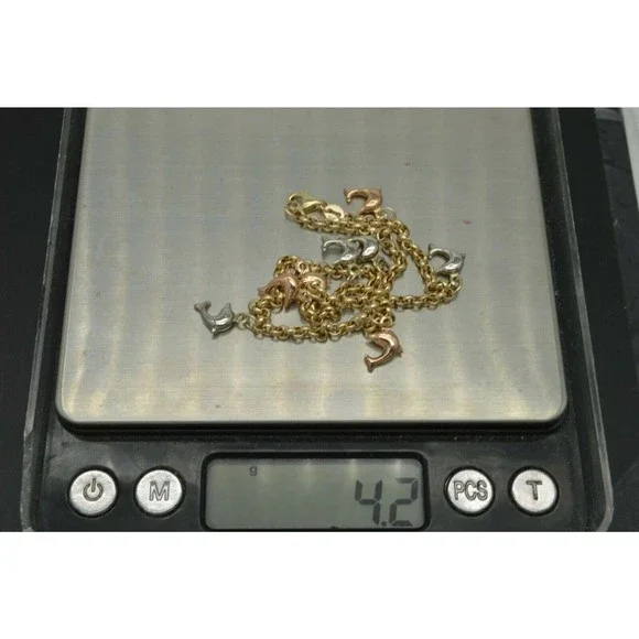 Real 10K Multicolor Gold Rolo Dolphin Fish Link Ankle Bracelet 9-10